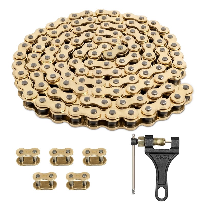 Belleone 520 Gold Motorcycle Chain 114 Links with Chain Breaker, 520 Drive Bike Roller Chain with 5 Master Links for 250cc 300cc Series DRZ250 RMZ250 KX250 KX450F CRF250R CRF450R YZ250F YZ450F - Image 1